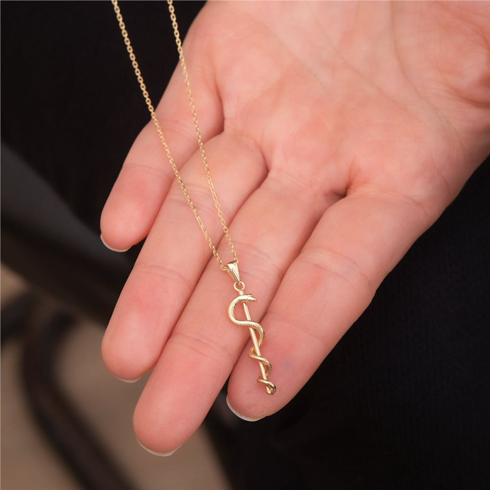 Goldstore-14K 18K Solid Gold Rod of Asclepius Charm Bracelet, Caduceus Symbol of Medicine, Healing Symbol Snake Bracelet Gift For Doctors Nurses