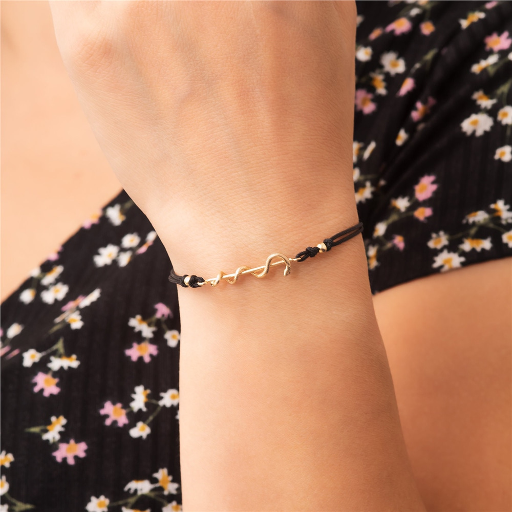 Goldstore-14K 18K Solid Gold Rod of Asclepius Rope Easy Adjustable Bracelet, Caduceus Symbol of Medicine Bracelet, Healing Symbol Snake Gold Bracelet