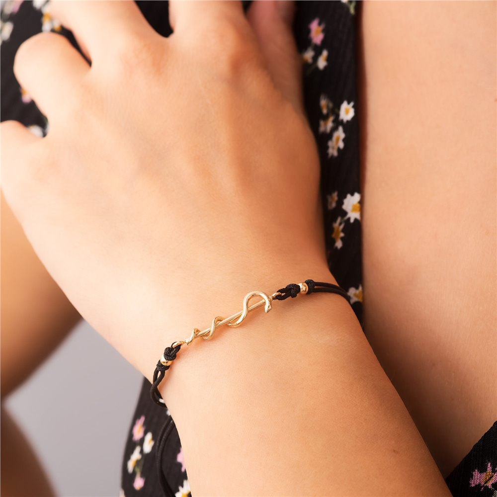 Goldstore-14K 18K Solid Gold Rod of Asclepius Rope Easy Adjustable Bracelet, Caduceus Symbol of Medicine Bracelet, Healing Symbol Snake Gold Bracelet