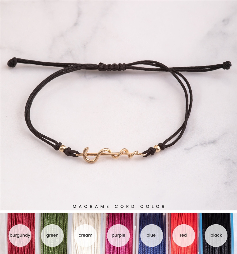 Goldstore-14K 18K Solid Gold Rod of Asclepius Rope Easy Adjustable Bracelet, Caduceus Symbol of Medicine Bracelet, Healing Symbol Snake Gold Bracelet