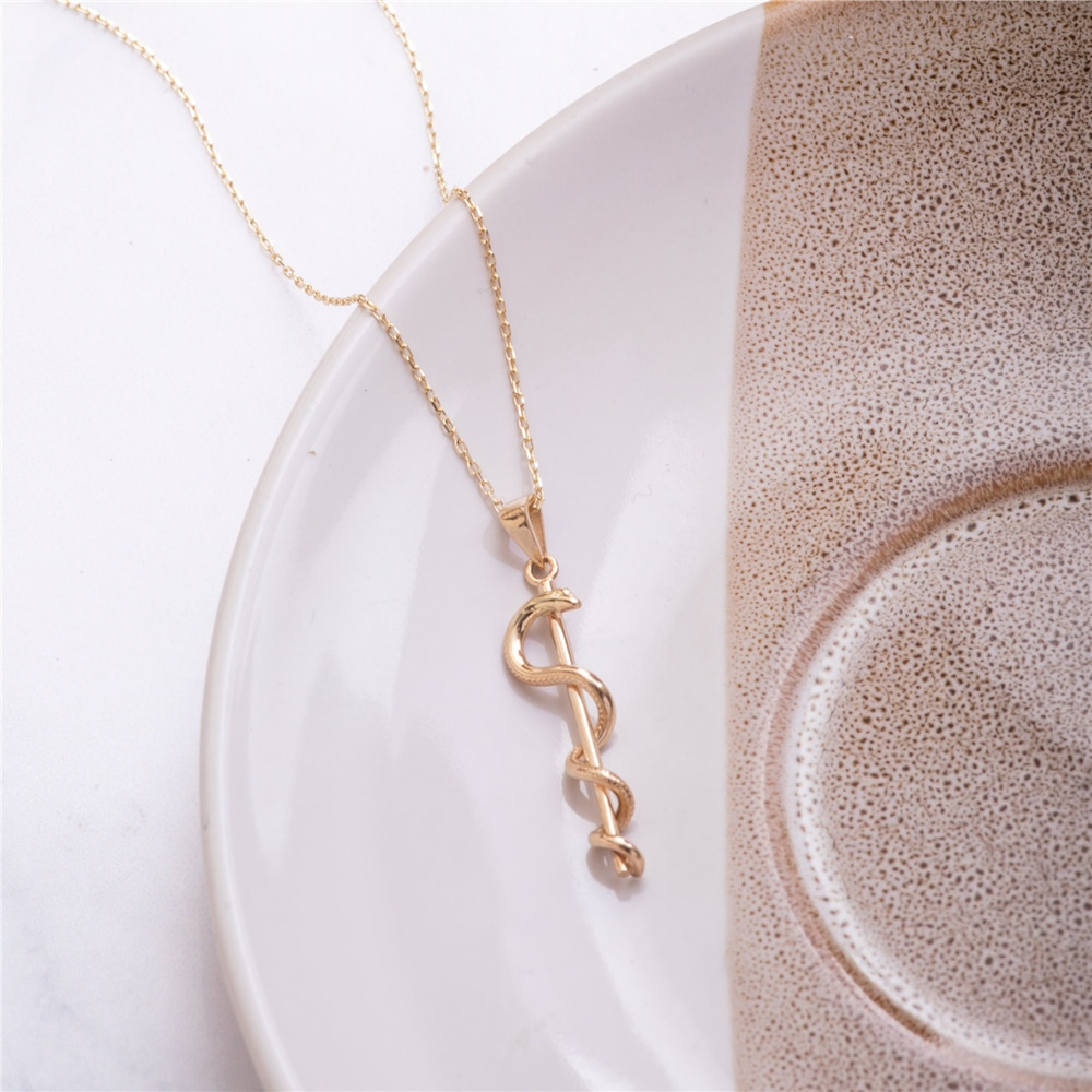 Goldstore-14K 18K Solid Gold Rod of Asclepius Charm Bracelet, Caduceus Symbol of Medicine, Healing Symbol Snake Bracelet Gift For Doctors Nurses