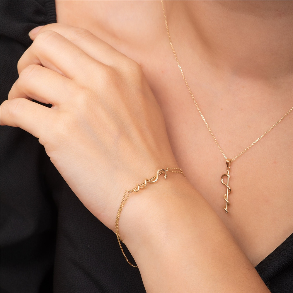 Goldstore-14K 18K Solid Gold Rod of Asclepius Charm Bracelet, Caduceus Symbol of Medicine, Healing Symbol Snake Bracelet Gift For Doctors Nurses