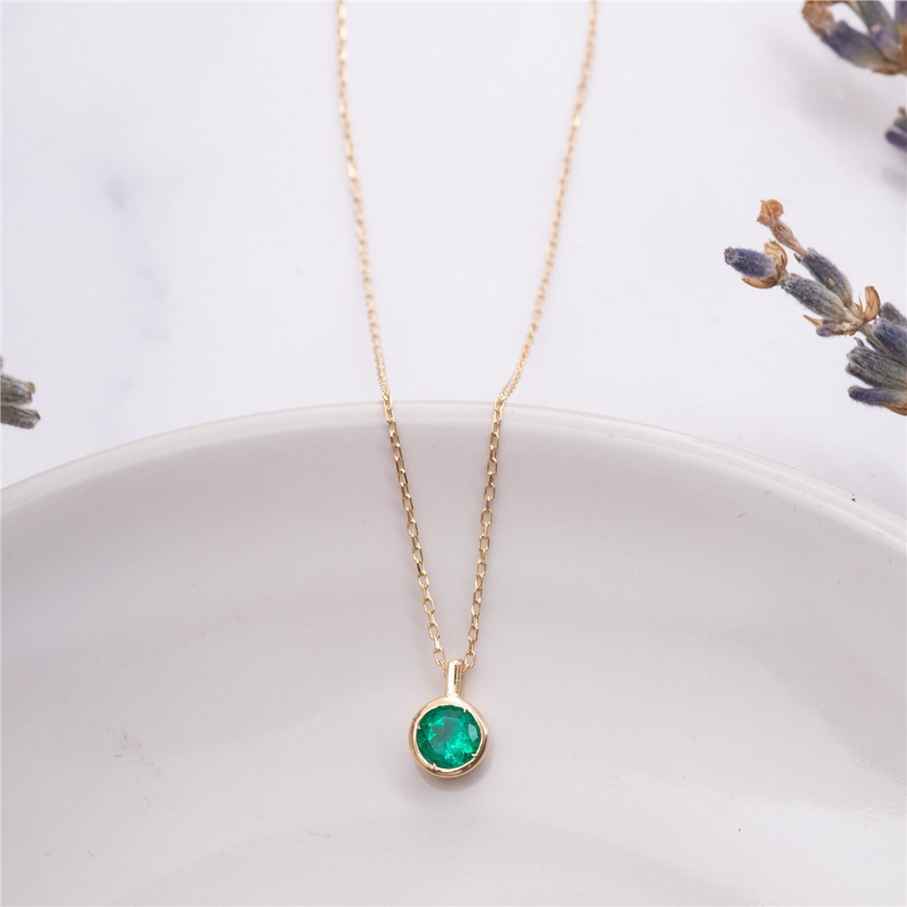 Goldstore-14K 18K Solid Gold Round Cut Genuine Emerald Necklace, Bezel Dainty Pendant Necklace, Round Emerald Natural Stone Necklace, Gift for Mothers