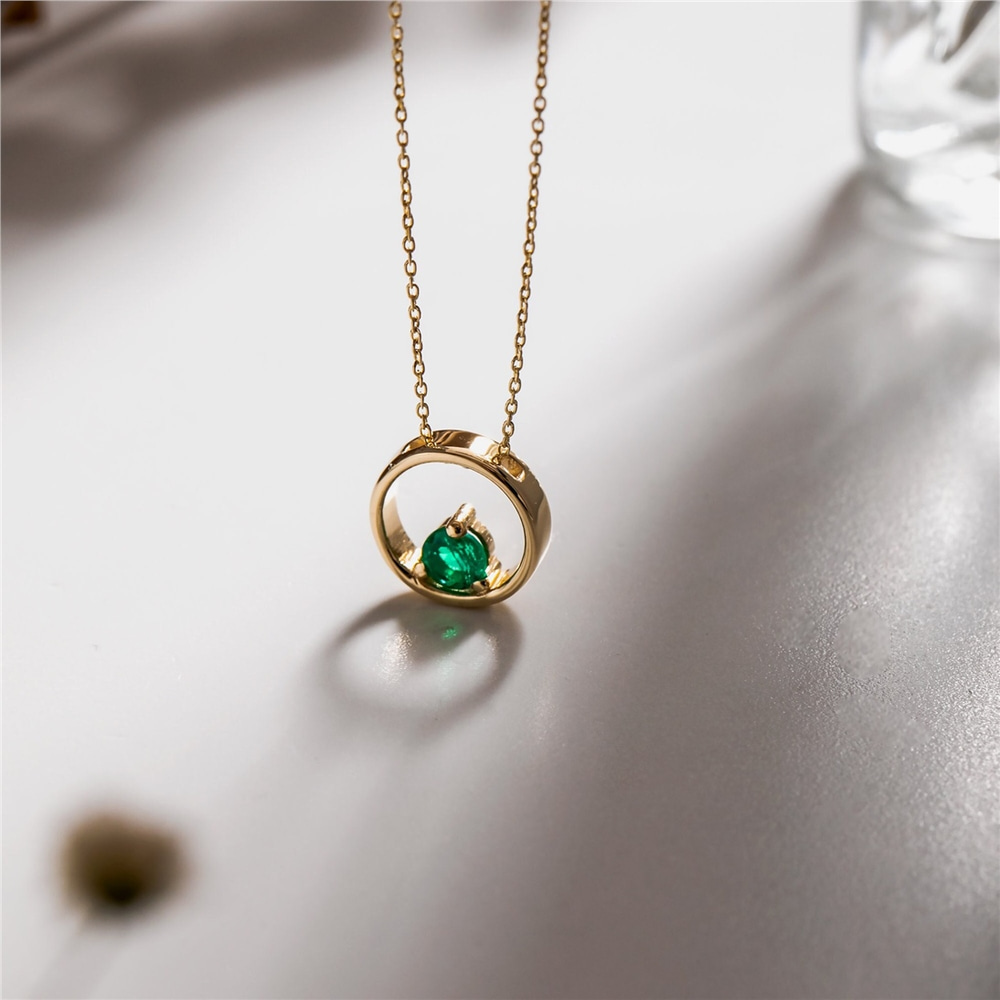 Goldstore-14K 18K Solid Gold Round Cut Genuine Emerald Necklace, Bezel Dainty Necklace, Crystal Solitaire Necklace, Birthstone Necklace, Ring Pendant