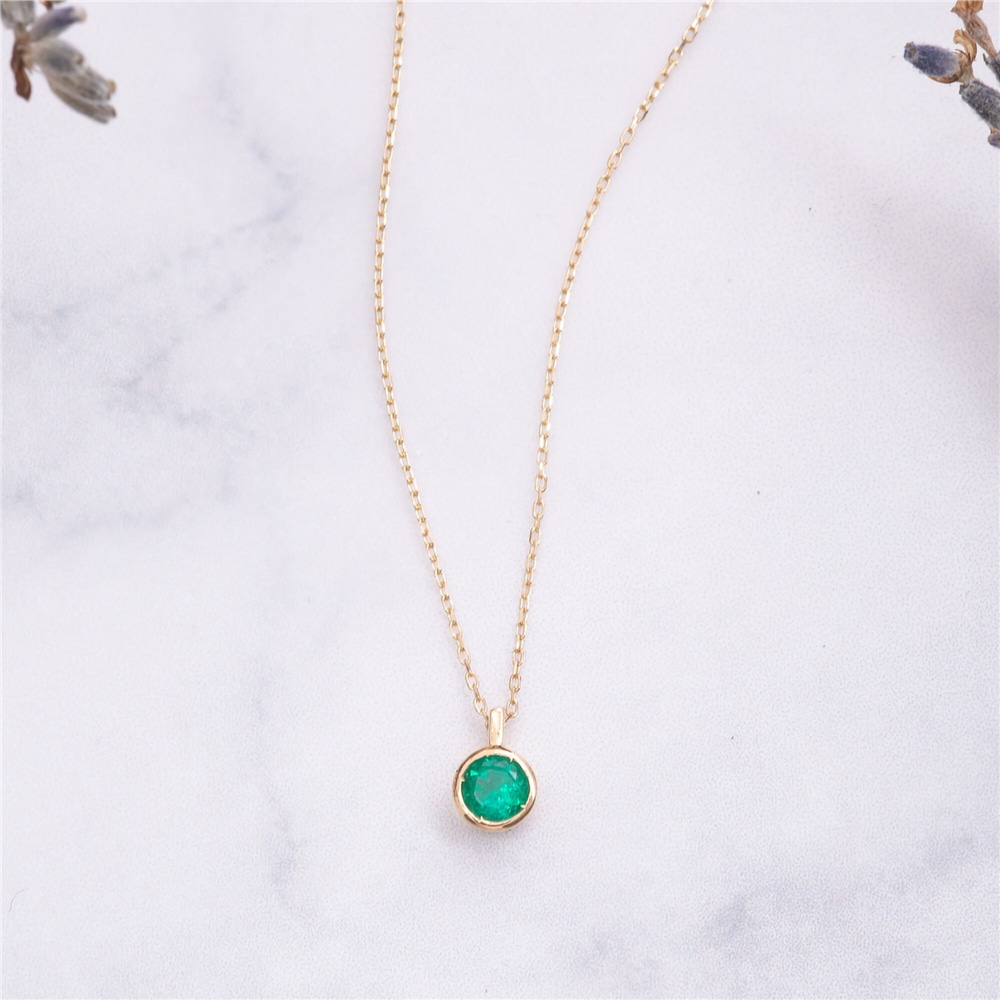 Goldstore-14K 18K Solid Gold Round Cut Genuine Emerald Necklace, Bezel Dainty Pendant Necklace, Round Emerald Natural Stone Necklace, Gift for Mothers