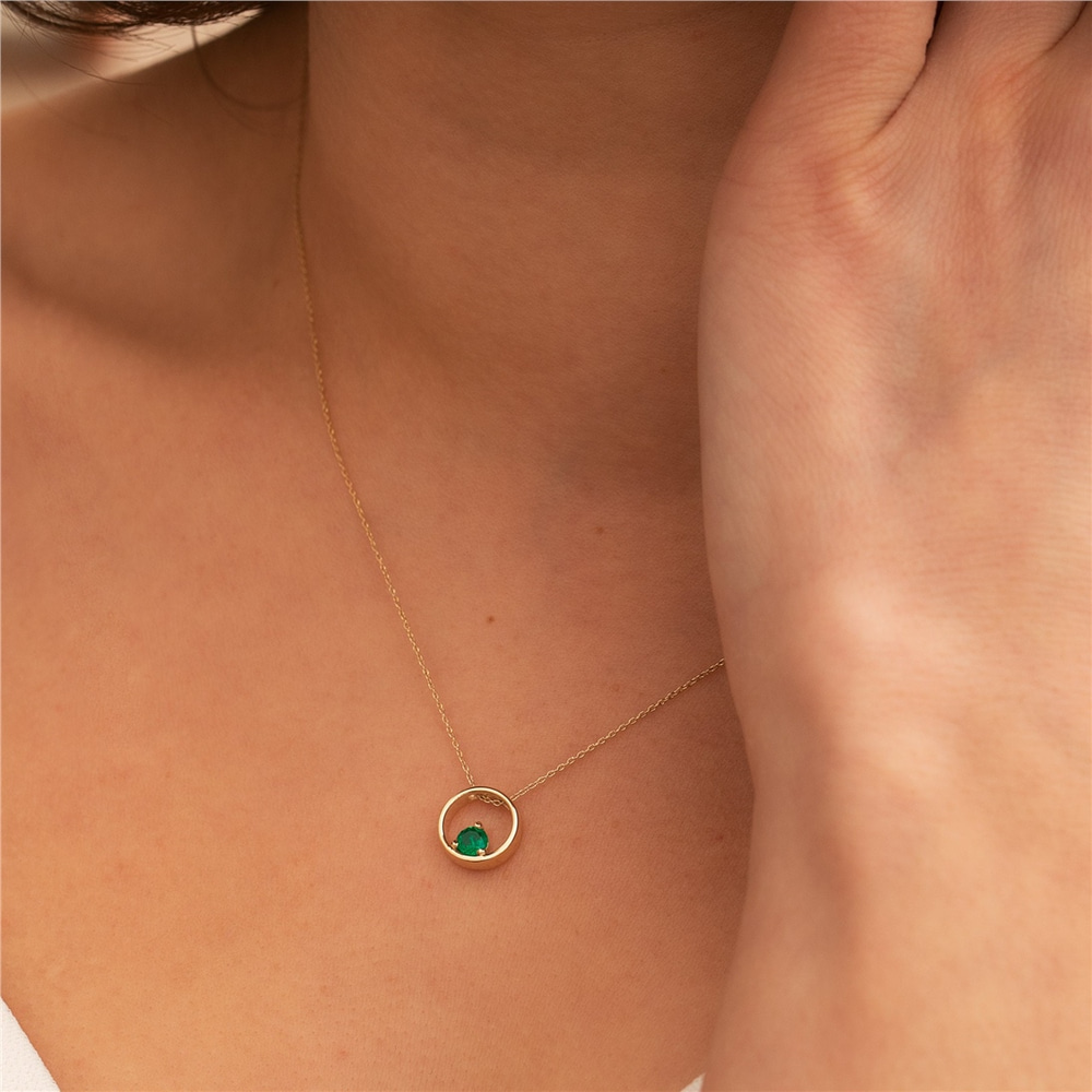 Goldstore-14K 18K Solid Gold Round Cut Genuine Emerald Necklace, Bezel Dainty Necklace, Crystal Solitaire Necklace, Birthstone Necklace, Ring Pendant