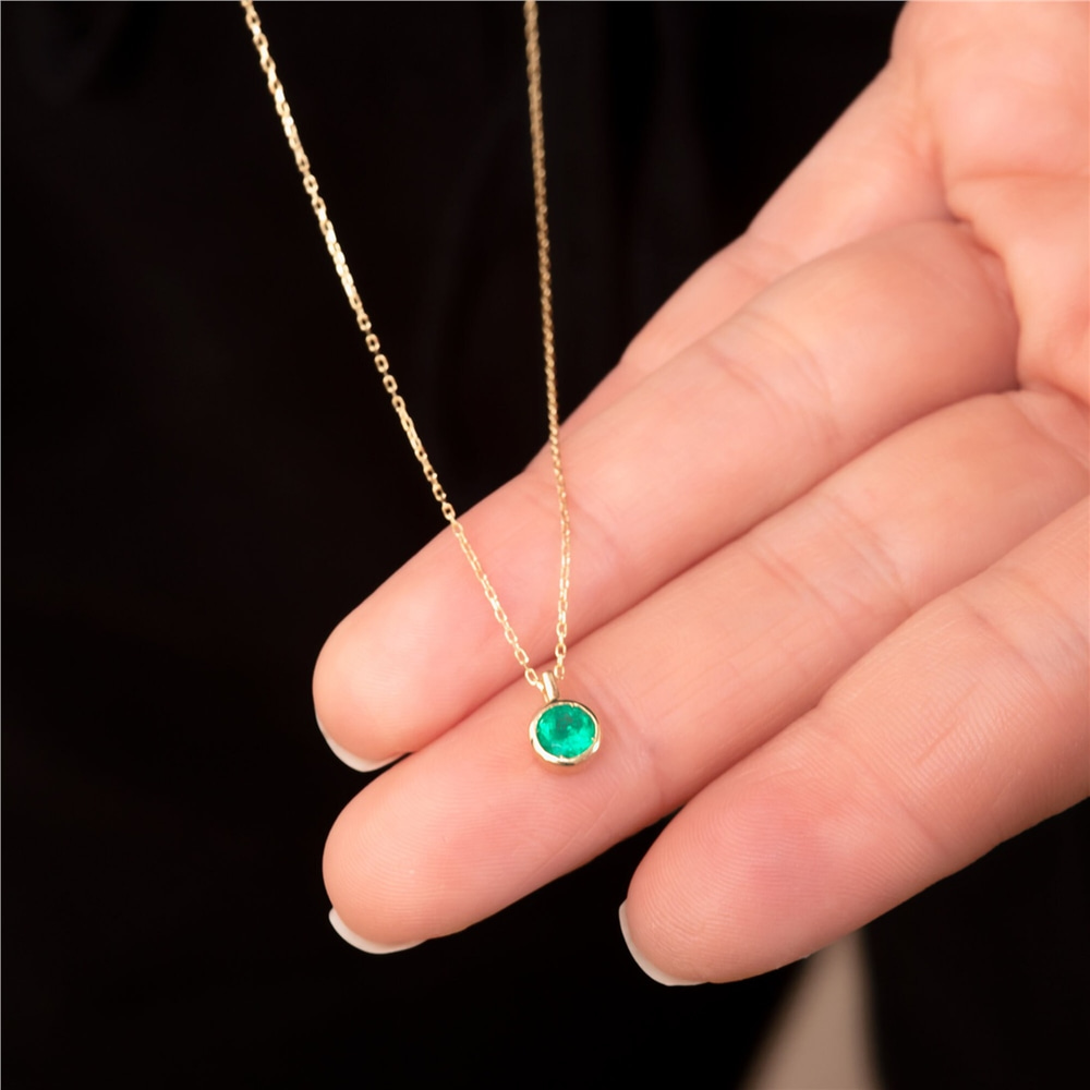 Goldstore-14K 18K Solid Gold Round Cut Genuine Emerald Necklace, Bezel Dainty Pendant Necklace, Round Emerald Natural Stone Necklace, Gift for Mothers