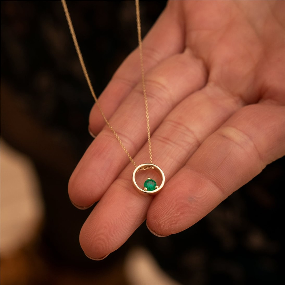 Goldstore-14K 18K Solid Gold Round Cut Genuine Emerald Necklace, Bezel Dainty Necklace, Crystal Solitaire Necklace, Birthstone Necklace, Ring Pendant