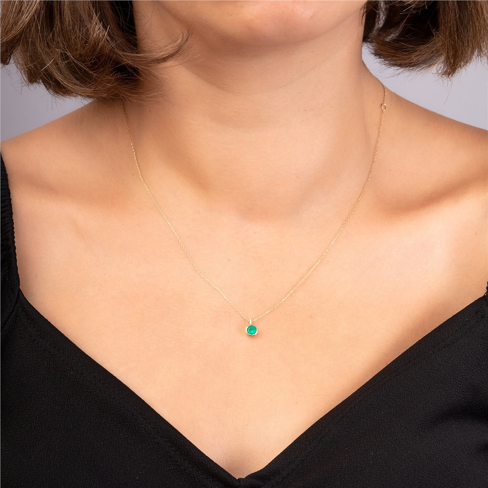 Goldstore-14K 18K Solid Gold Round Cut Genuine Emerald Necklace, Bezel Dainty Pendant Necklace, Round Emerald Natural Stone Necklace, Gift for Mothers