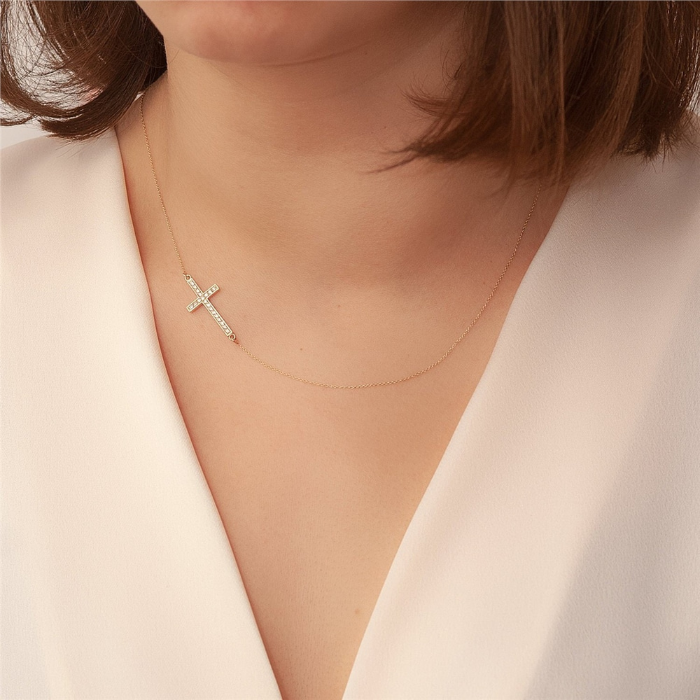 Goldstore-14K 18K Solid Gold Sideways Diamond or Cz Cross Necklace, Celebrity Dainty Cross Charm Necklace, Choker Cross Necklace is Mother's Day Gift