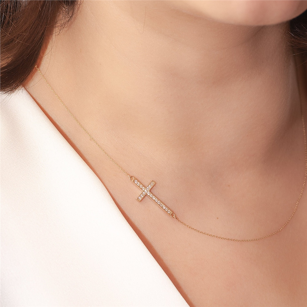 Goldstore-14K 18K Solid Gold Sideways Diamond or Cz Cross Necklace, Celebrity Dainty Cross Charm Necklace, Choker Cross Necklace is Mother's Day Gift