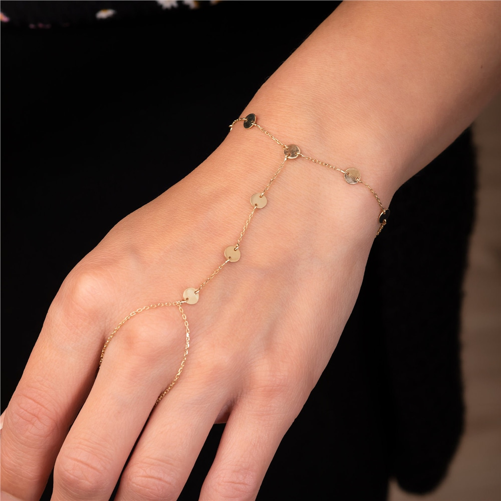 Goldstore-14K 18K Solid Gold Slave Bracelet, Minimal Disc Slave Bracelet, Bohemian Hand Chain Lariat Finger Bracelet, Handlet Jewelry Gift For Her.