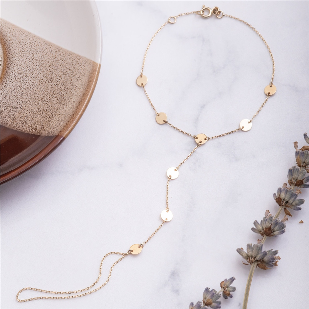 Goldstore-14K 18K Solid Gold Slave Bracelet, Minimal Disc Slave Bracelet, Bohemian Hand Chain Lariat Finger Bracelet, Handlet Jewelry Gift For Her.