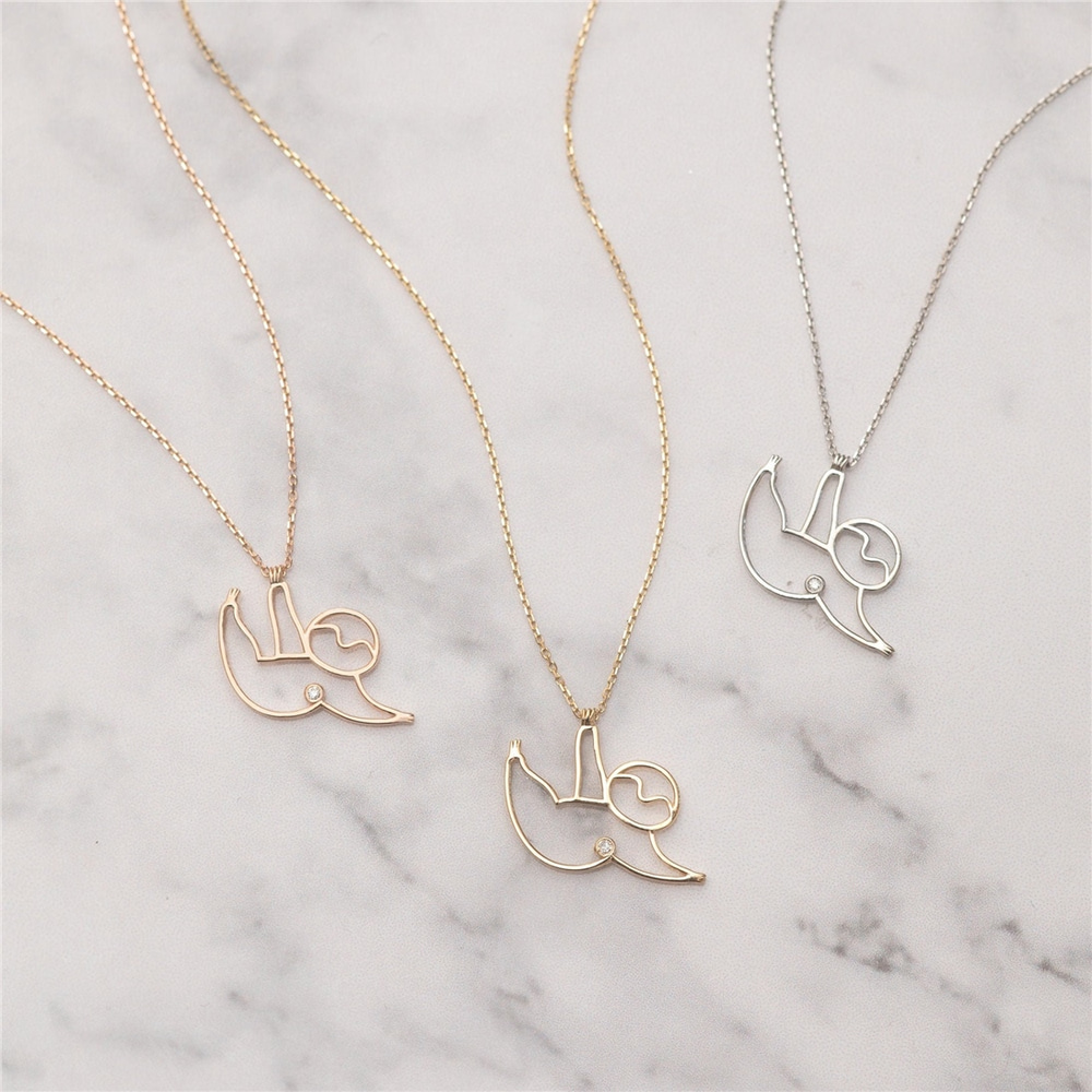 Goldstore-14k 18k Solid Gold Sloth Diamond Necklace, Diamond Lazy Sloth Necklace Dainty Gold Baby Sloth Necklace, Cute Smiley Dangling Sloth Necklace