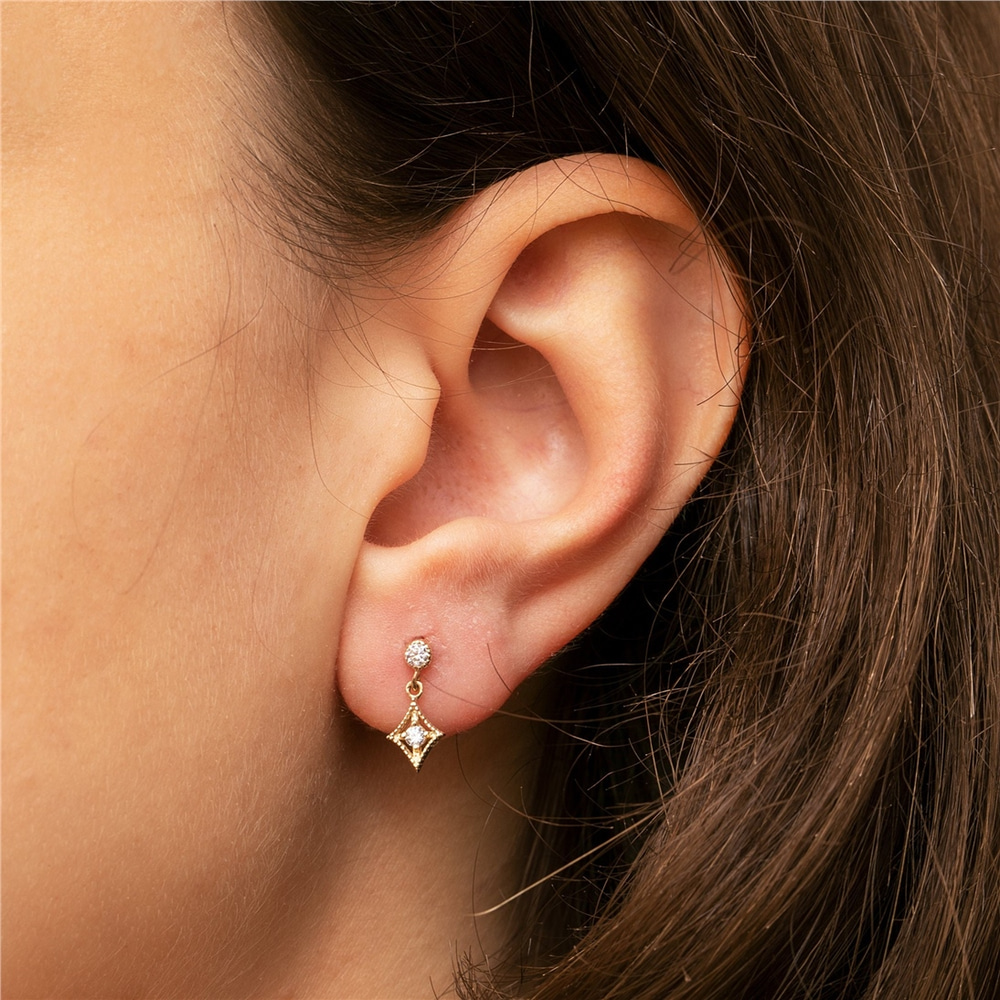 Goldstore-14K 18K Solid Gold Sparkling Cubic Earpin, Dainty Dangling White Stone Earrings, Everyday Jewelry, Cute Gift For Her