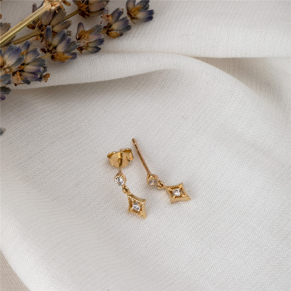 Goldstore-14K 18K Solid Gold Sparkling Cubic Earpin, Dainty Dangling White Stone Earrings, Everyday Jewelry, Cute Gift For Her