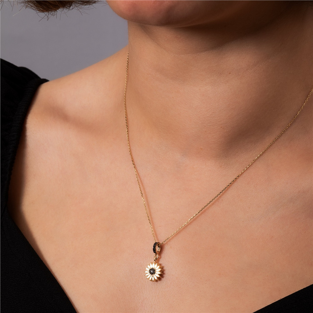 Goldstore-14k 18k Solid Gold Sunflower Urn Pendant For Necklace or Bracelet, Custom Engrave Cremation Daisy Ash Charm Compatible European Bracelet