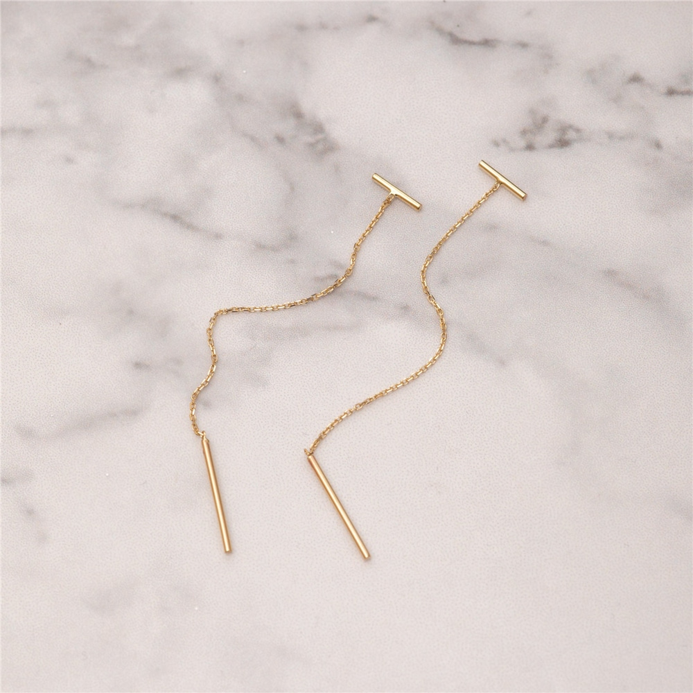 Goldstore-14k 18k Solid Gold Threader Bar Swing Earrings, Dainty Gold Dangling Earring is a Great Gift For Her. Gold Drop Chain Earrings