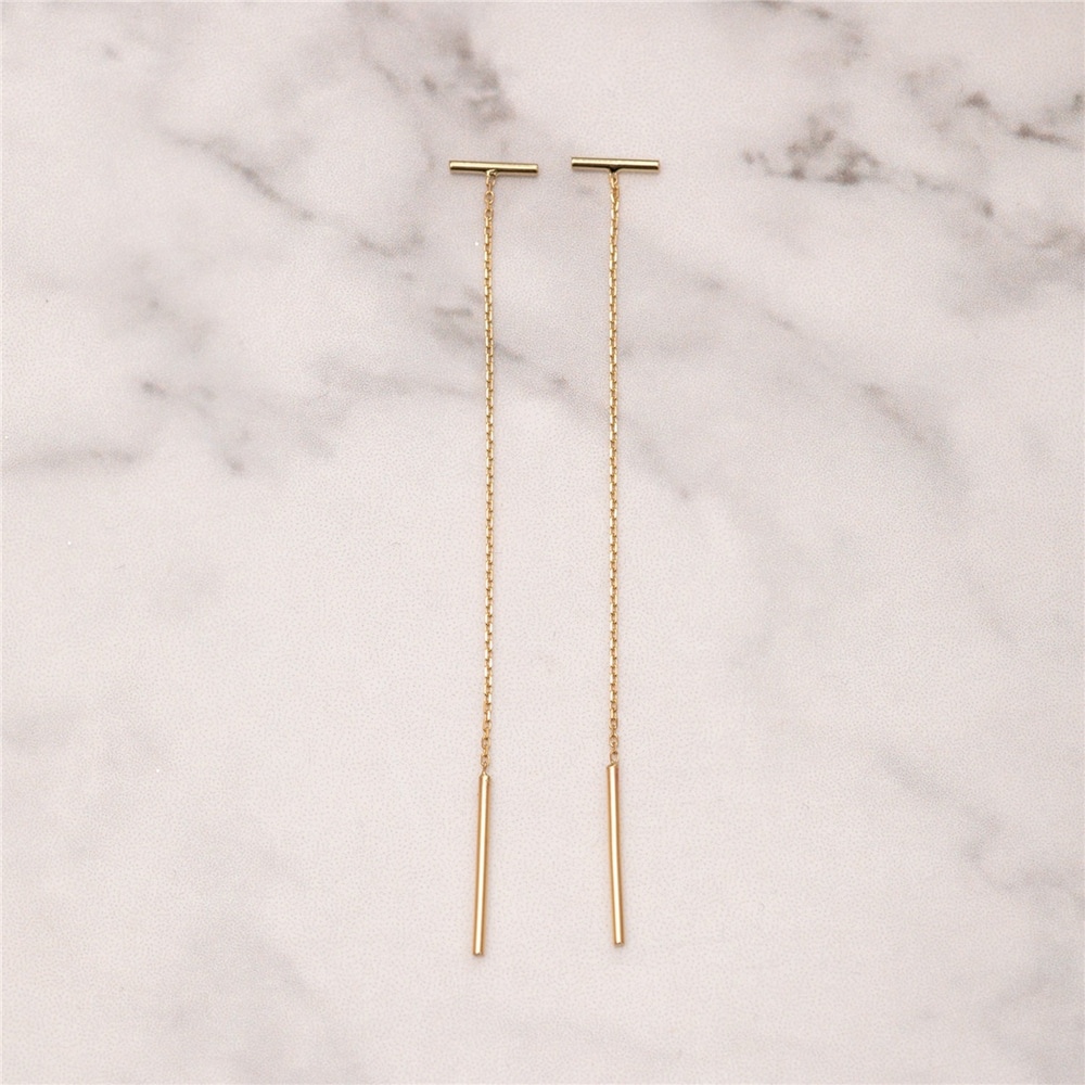 Goldstore-14k 18k Solid Gold Threader Bar Swing Earrings, Dainty Gold Dangling Earring is a Great Gift For Her. Gold Drop Chain Earrings