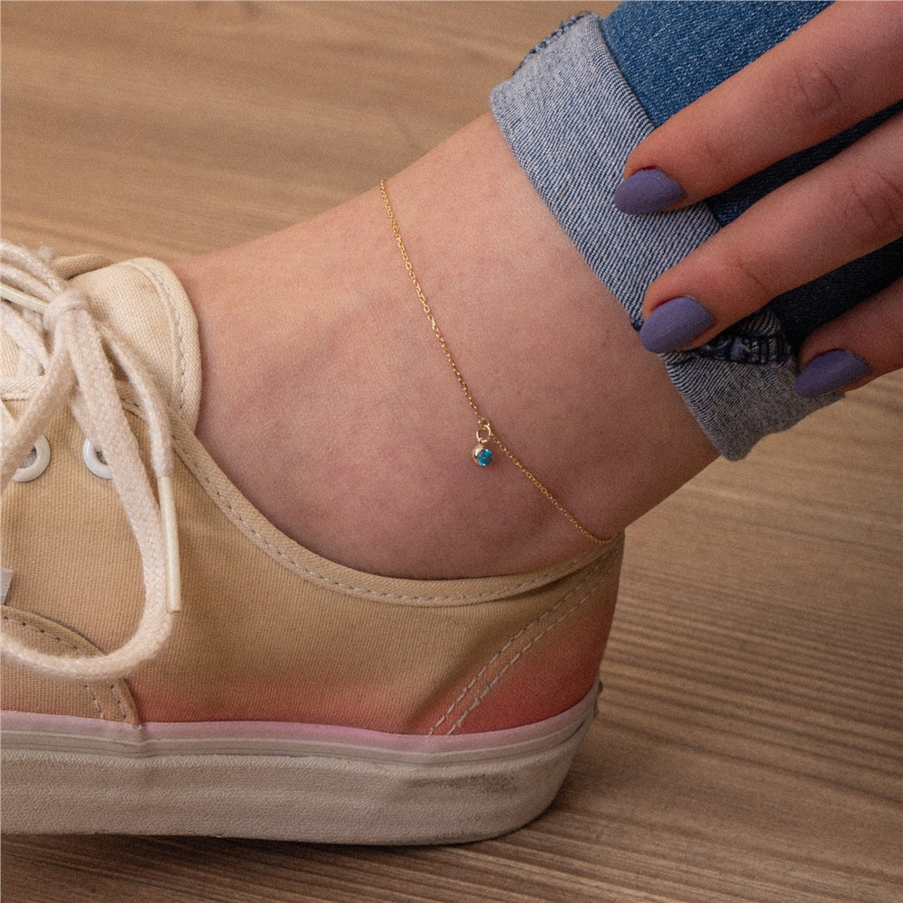 Goldstore-14K 18K Solid Gold Tiny Birthstone Anklet, Personalized Ankle Bracelet, Dainty Anklet, Dangle CZ Stone Birthstone Anklet, Mother's Day Gift