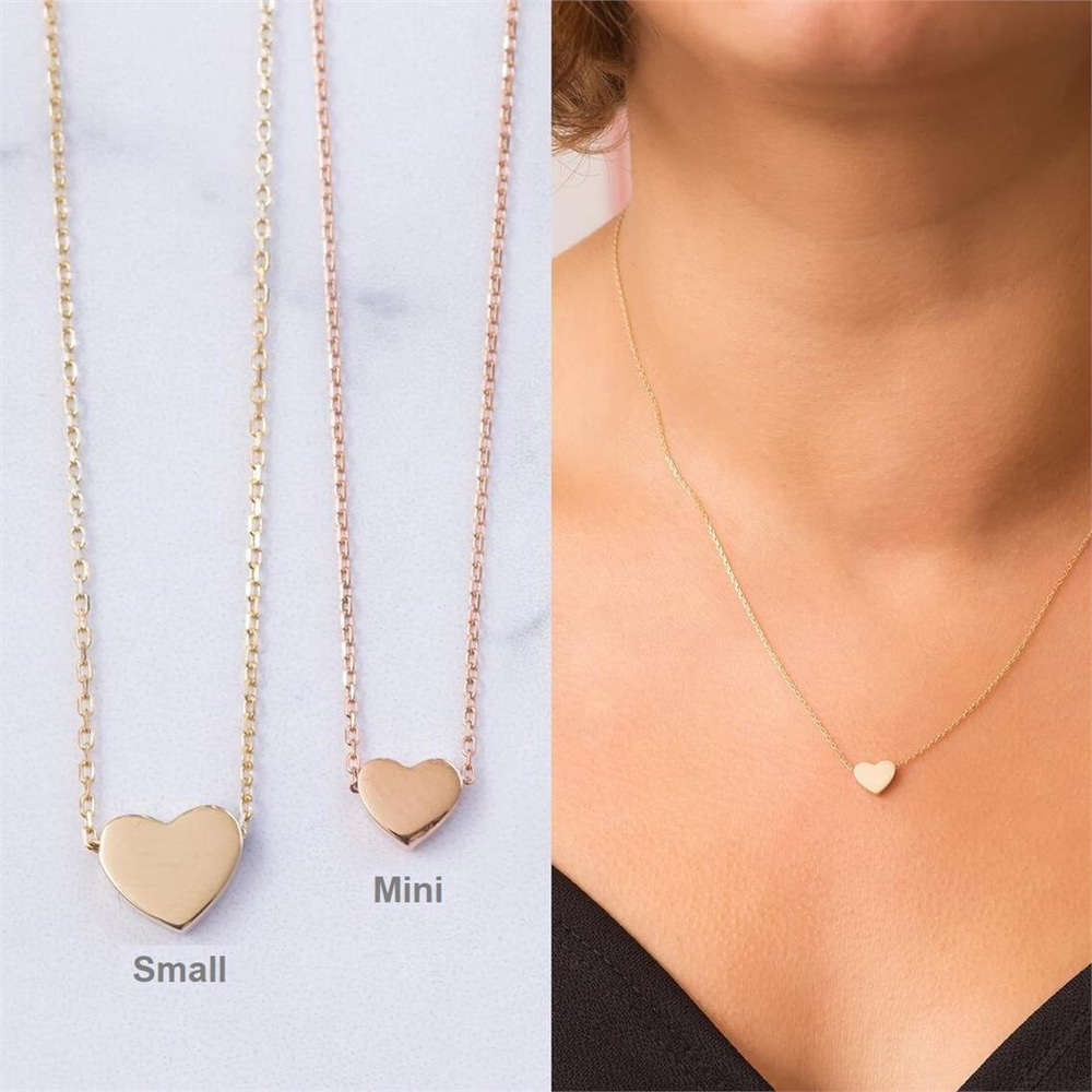 Goldstore-14k 18k Solid Gold Tiny Heart Necklace, Sliding Dainty Heart Charm Necklace, Small Heart Initial Necklace, Letter Heart Necklace Gift For