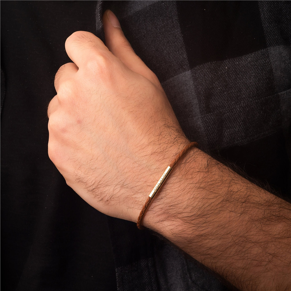 Goldstore-14K 18K Solid Gold Tube Braided Leather Bracelet, Custom Engrave Mens Bangle Cuff Jewelry Classic Gold Tube Bracelet Gift For Him, For Dad