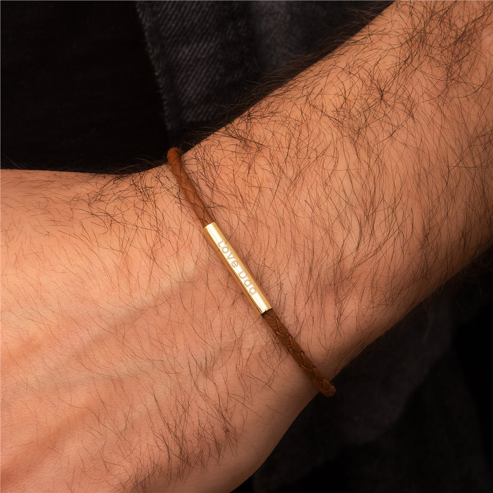 Goldstore-14K 18K Solid Gold Tube Braided Leather Bracelet, Custom Engrave Mens Bangle Cuff Jewelry Classic Gold Tube Bracelet Gift For Him, For Dad