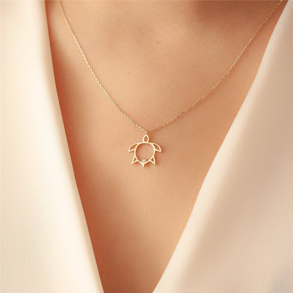 Goldstore-14k 18k Solid Gold Turtle Diamond Necklace, Diamond Turtle Pendant Necklace, Daint Turtle Lucky Necklace, Solid Gold Diamond Animal Necklace