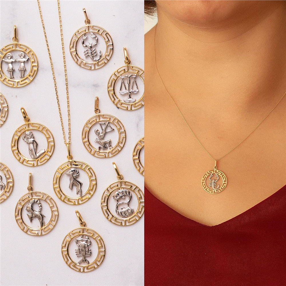 Goldstore-14k 18k Solid Gold Zodiac Sign Necklace, Elegant Real Gold Zodiac Medallion Pendant, Zodiac Gold Coin Necklace, Celestial Jewelry Gift For