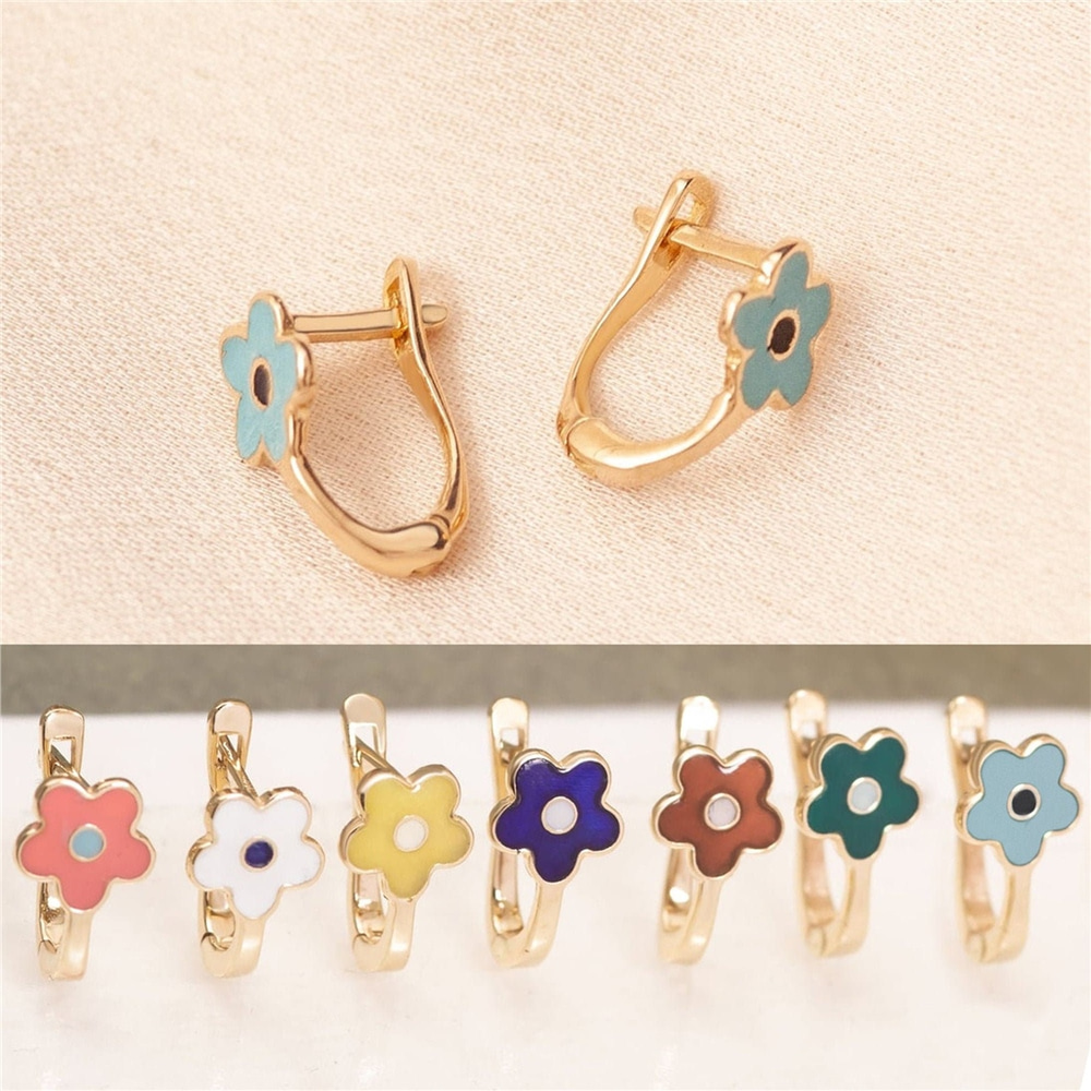 Goldstore-14K 18K Yellow Gold Blue Enamel Flower Back Baby Girls Earrings, Solid Gold Flower Earrings For Toddlers, Little Girl Flower Gold Earring