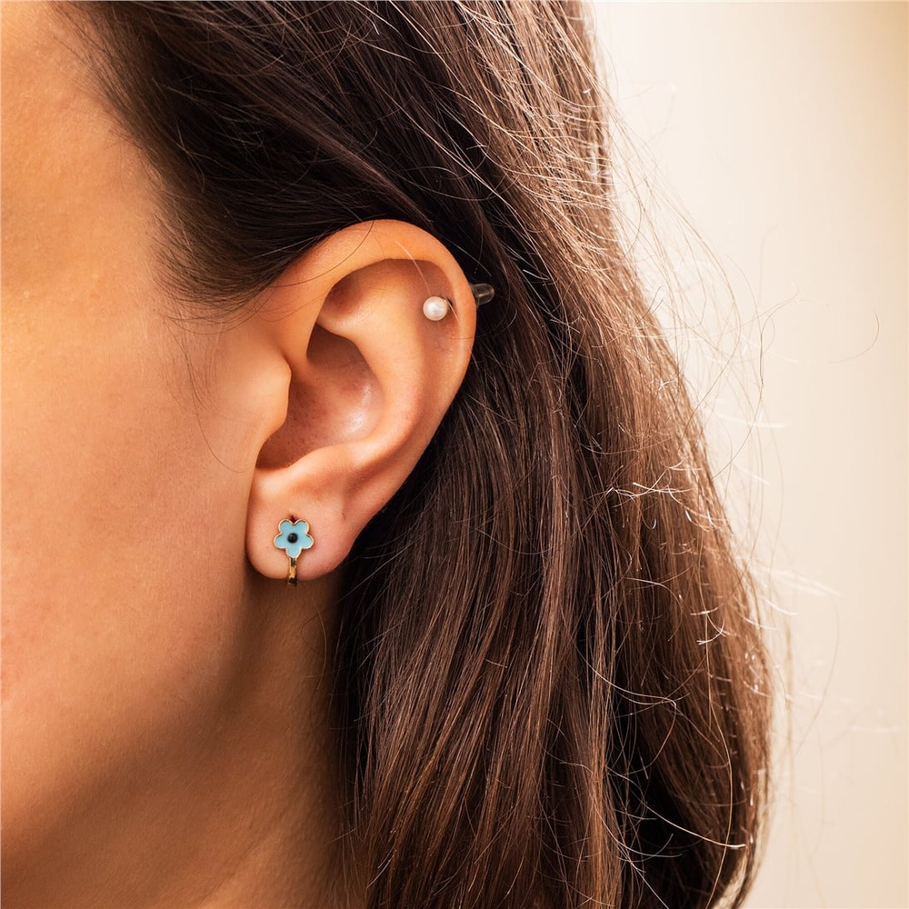 Goldstore-14K 18K Yellow Gold Blue Enamel Flower Back Baby Girls Earrings, Solid Gold Flower Earrings For Toddlers, Little Girl Flower Gold Earring