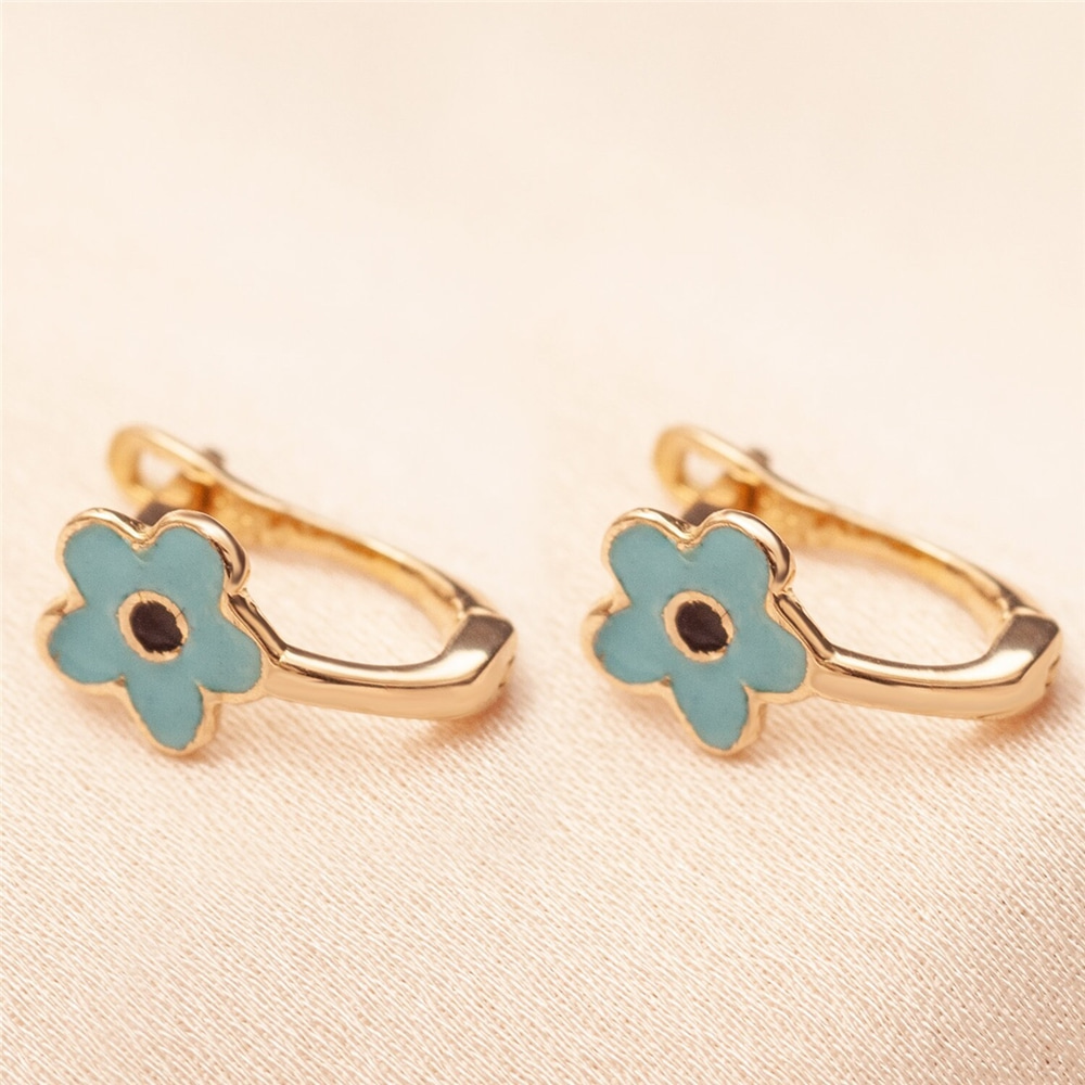 Goldstore-14K 18K Yellow Gold Blue Enamel Flower Back Baby Girls Earrings, Solid Gold Flower Earrings For Toddlers, Little Girl Flower Gold Earring