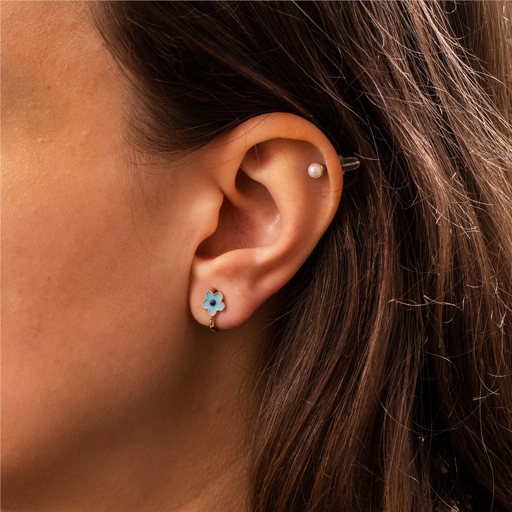 Goldstore-14K 18K Yellow Gold Blue Enamel Flower Back Baby Girls Earrings, Solid Gold Flower Earrings For Toddlers, Little Girl Flower Gold Earring