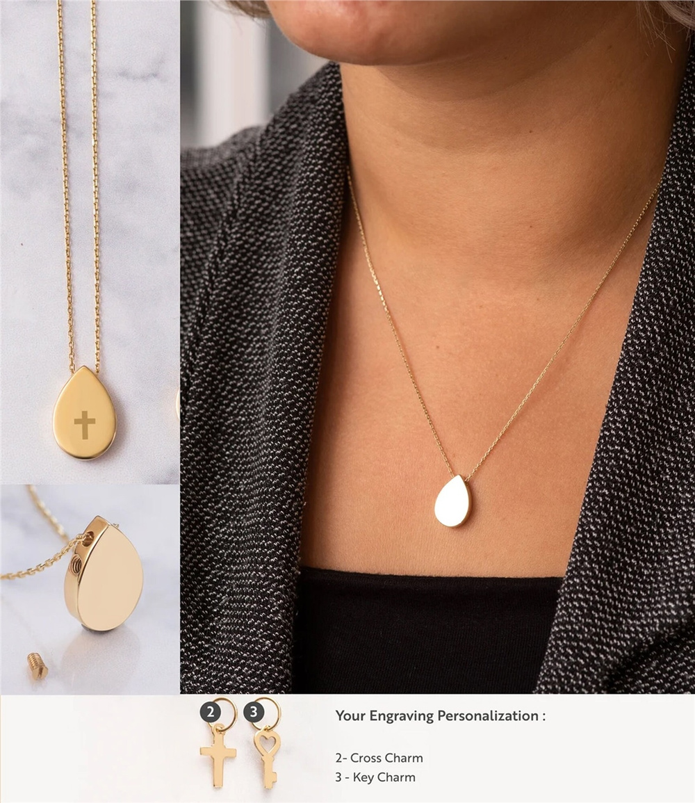 Goldstore-14K Cremation Urn Necklace, Cross Star Teardrop Circle Crescent Pendants, Custom Engrave Gold Necklace For Ashes Grief Holder, Memorial Gift