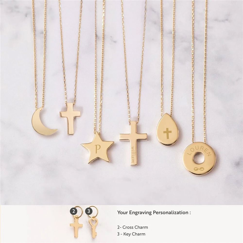 Goldstore-14K Cremation Urn Necklace, Cross Star Teardrop Circle Crescent Pendants, Custom Engrave Gold Necklace For Ashes Grief Holder, Memorial Gift