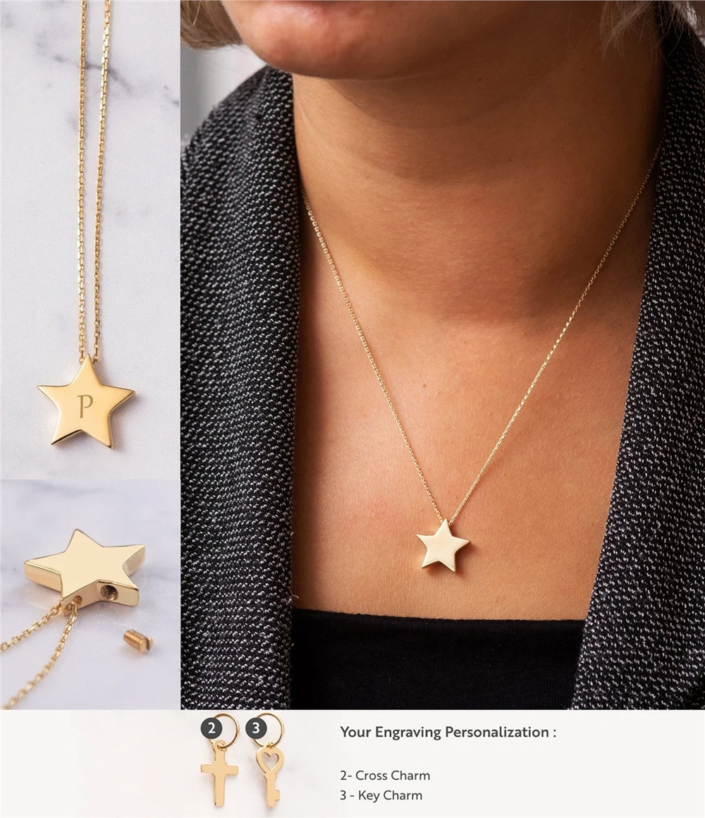 Goldstore-14K Cremation Urn Necklace, Cross Star Teardrop Circle Crescent Pendants, Custom Engrave Gold Necklace For Ashes Grief Holder, Memorial Gift