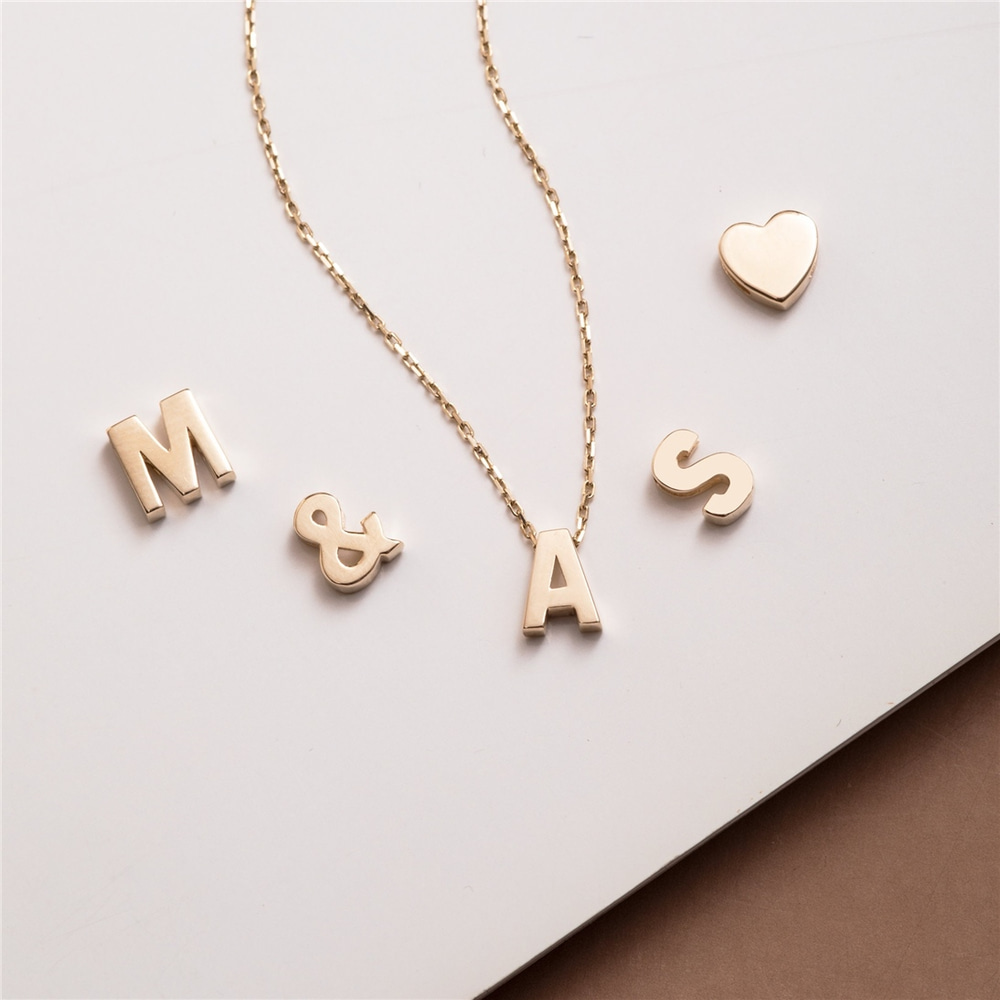Goldstore-14k Custom Initial Necklace, Minimalist Letter Necklace, Tiny and Dainty Figure Charms, Cute Small Heart Pendant, Perfect Gift For Her