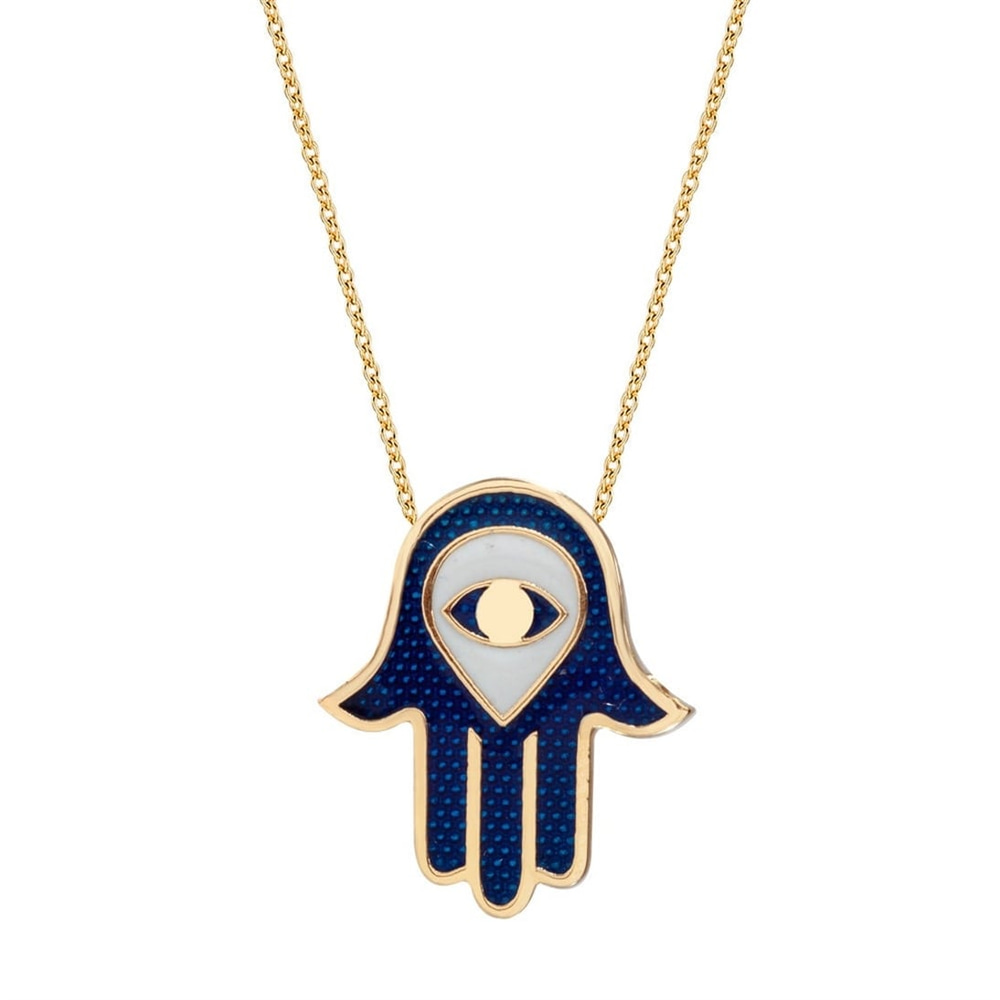 Goldstore-14K Gold 2 Sided Hamsa Enamel Protection Necklace, Fatima Hand or Hamsa Palm Necklace with Enamel Blue Eye is a Great Gift For Her