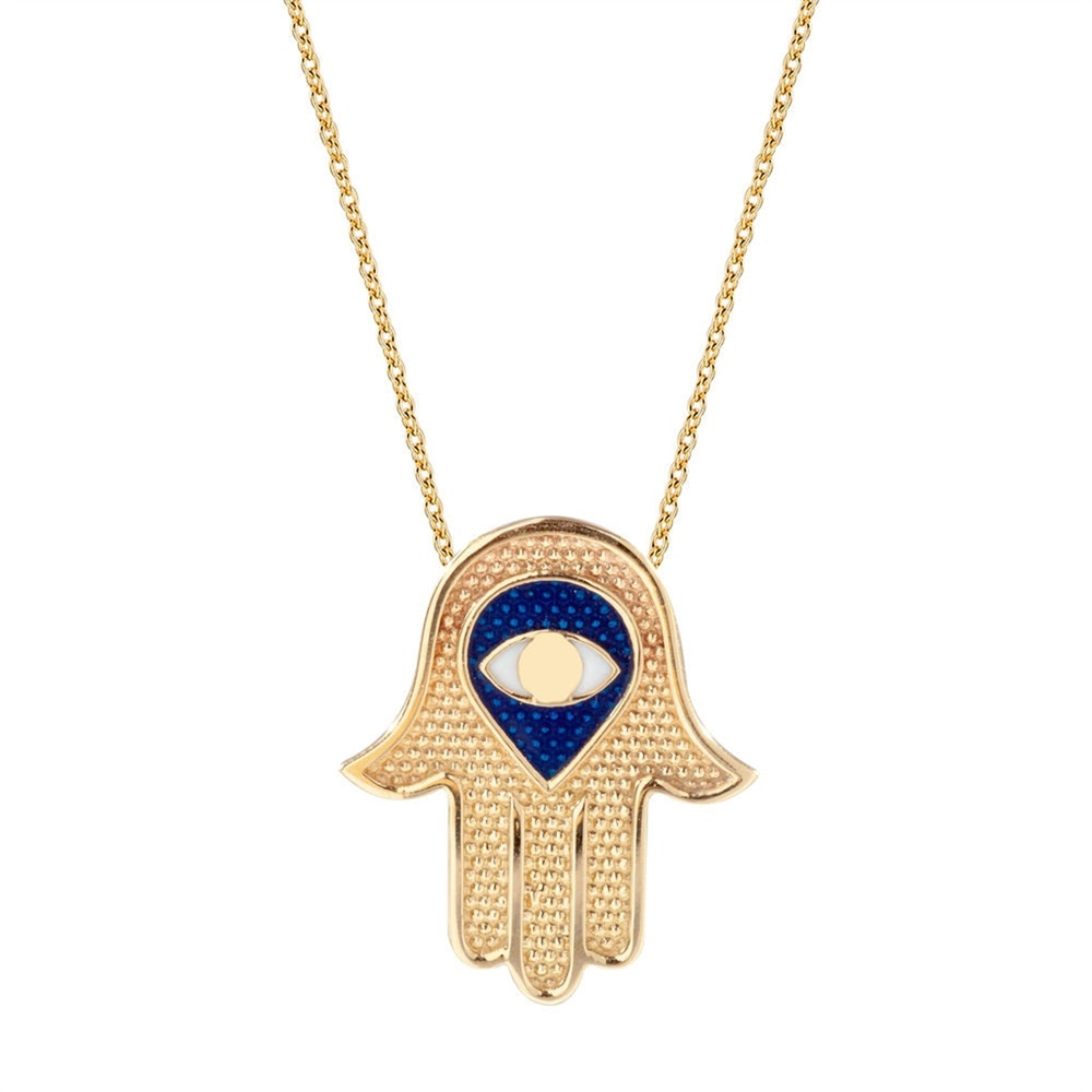 Goldstore-14K Gold 2 Sided Hamsa Enamel Protection Necklace, Fatima Hand or Hamsa Palm Necklace with Enamel Blue Eye is a Great Gift For Her