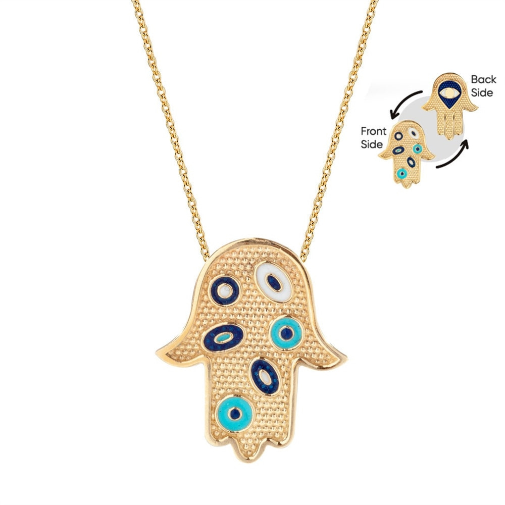 Goldstore-14K Gold 2 Sided Hamsa Enamel Protection Necklace, Fatima Hand or Hamsa Palm Necklace with Enamel Blue Eye is a Great Gift For Her