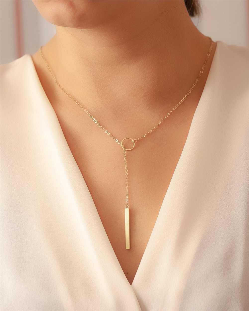 Goldstore-14K Gold Adjustable Lariat 4 Side Bar Necklace, Karma Vertical Drop Custom Engrave Bar Necklace, Personalize Name Date Long Bar Y Necklace