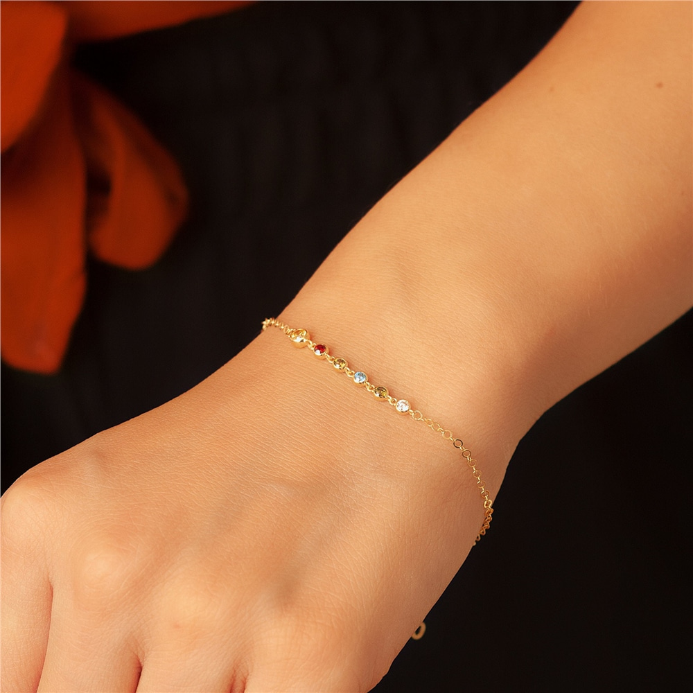 Goldstore-14K Gold Birthstone Bracelet, Real Solid Gold Dainty Bracelet, Minimalist Cz Birthstone Gold Bracelet, Custom Birthstone Gold Chain Bracelet