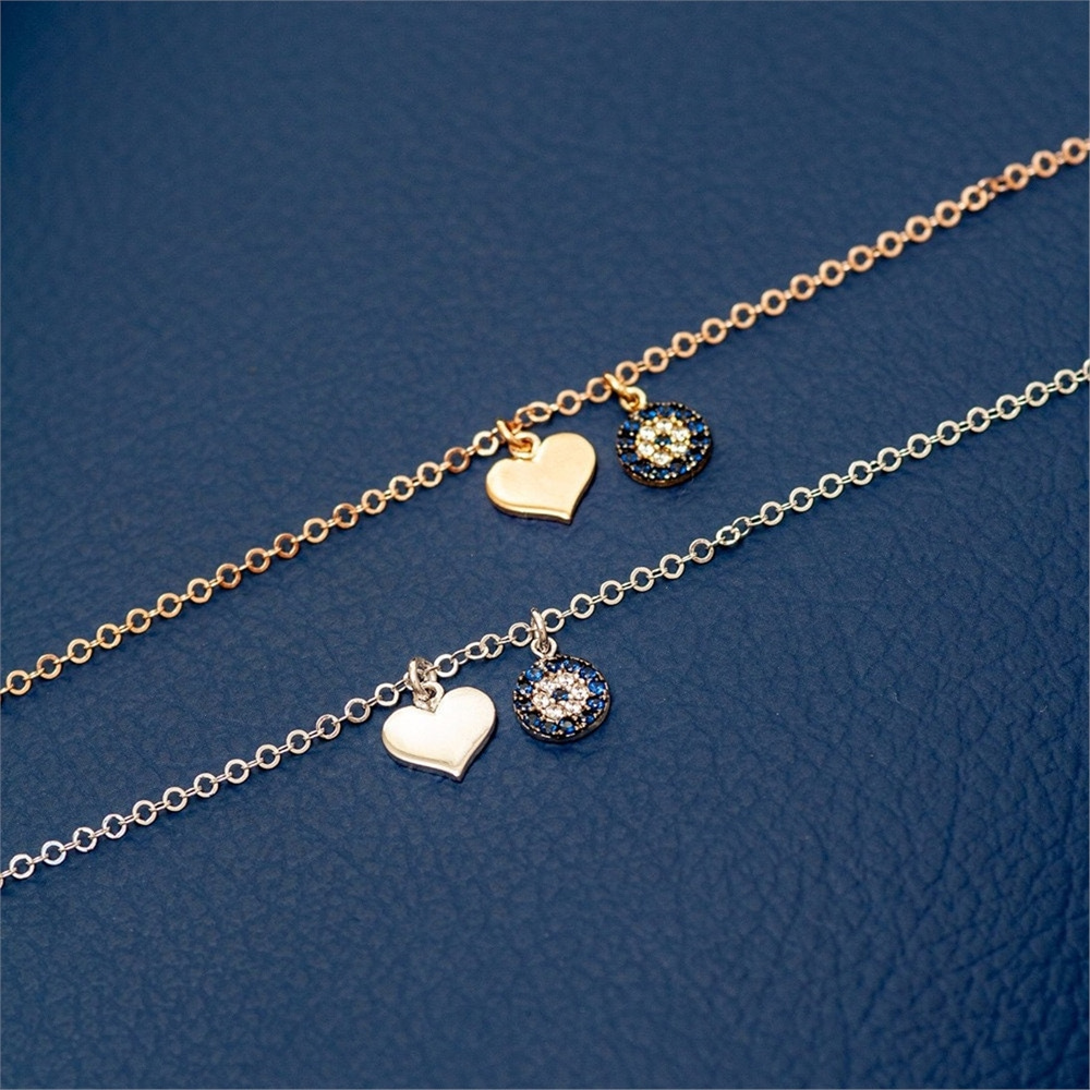 Goldstore-14k Gold Blue Evil Eye Chain Bracelet with Heart Charm, Dainty Evil Eye Heart Protection Bracelet is a Great Gift For Her. Gift For Women