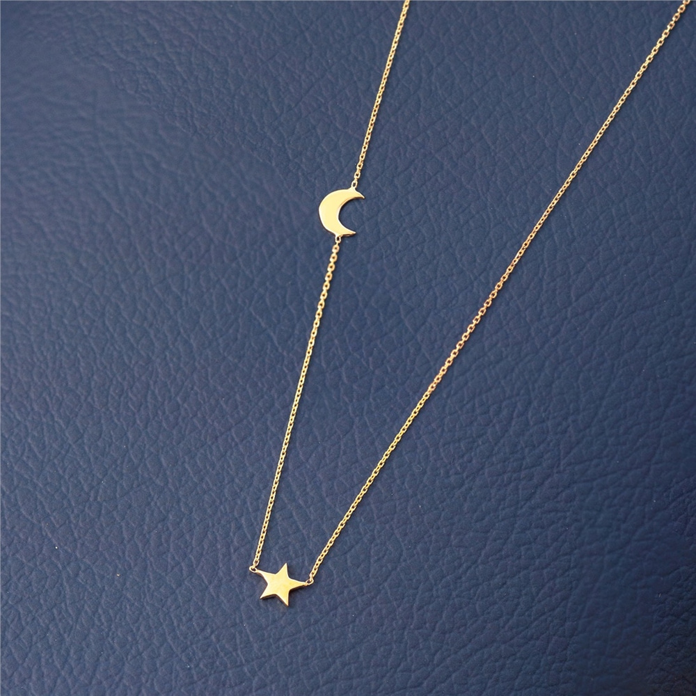 Goldstore-14k Gold Crescent Moon and Star Gold Necklace, Elegant Solid Gold Moon and Star Necklace is a Great Gift For Her.