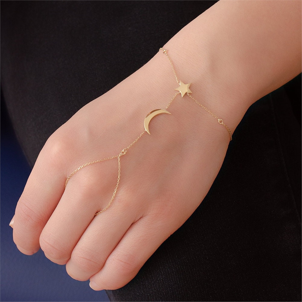 Goldstore-14k Gold Crescent Moon and Star Sahmaran Bracelet, Dainty Slave Bracelet is a Great Gift For Her. Christmas Gift