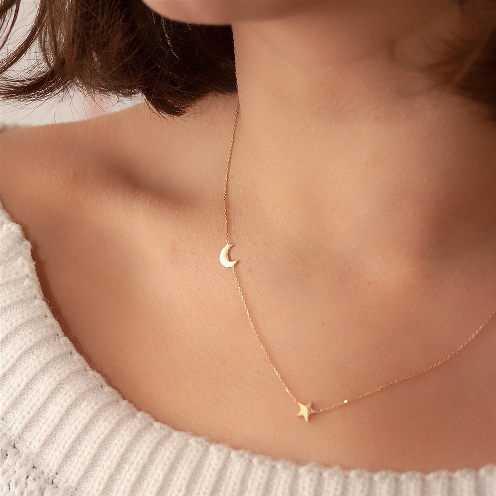 Goldstore-14k Gold Crescent Moon and Star Gold Necklace, Elegant Solid Gold Moon and Star Necklace is a Great Gift For Her.