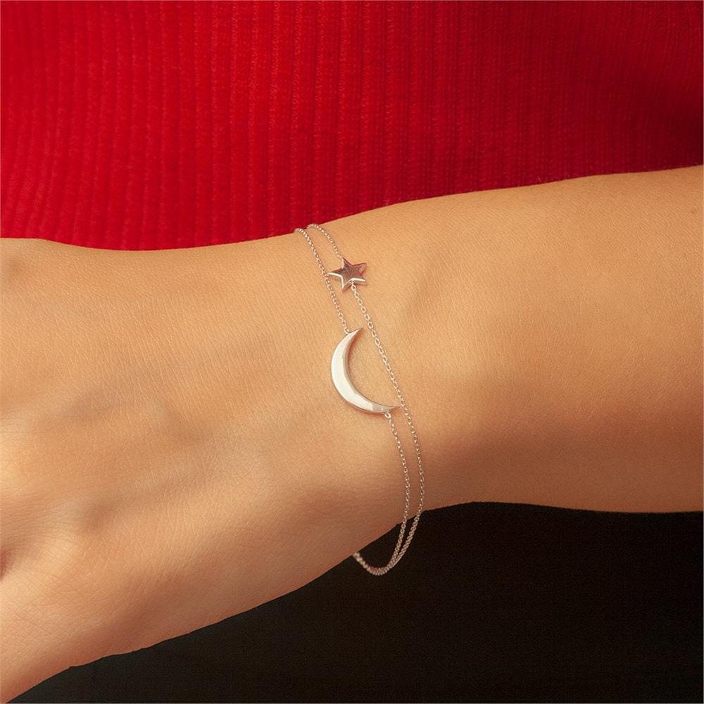 Goldstore-14k Gold Crescent Moon and Star Bracelet, Double Row Chain Moon and Star Bracelet, Dainty Moon & Star Gold Bracelet is a Great Gift For Her.