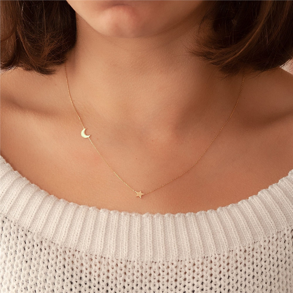 Goldstore-14k Gold Crescent Moon and Star Gold Necklace, Elegant Solid Gold Moon and Star Necklace is a Great Gift For Her.