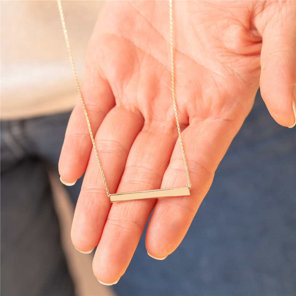 Goldstore-14K Gold Custom Engrave Horizontal Triangle Bar Necklace, Three Sided Custom Name Coordinate Necklace, Triangle Horizontal Bar Gold Necklace
