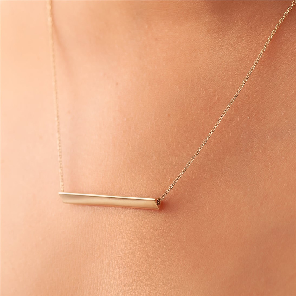 Goldstore-14K Gold Custom Engrave Horizontal Triangle Bar Necklace, Three Sided Custom Name Coordinate Necklace, Triangle Horizontal Bar Gold Necklace